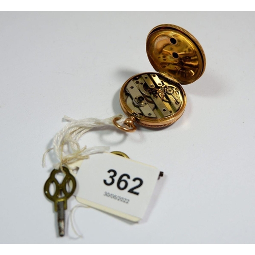 362 - A French 18 carat gold fob watch with engraved decoration and enamel dial, 3cm diameter, both cases ... 