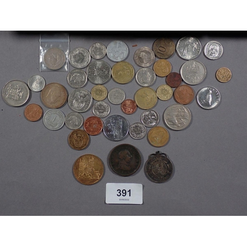 391 - Tin of numerous coinage and tokens including: British pre-decimal and decimal, some silver threepenc... 