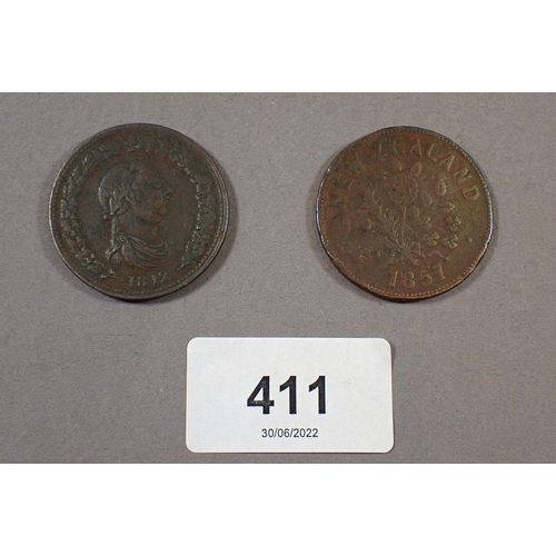 411 - Two penny tokens including: New Zealand 1857 Auckland for M Somerville wholesale family grocer, Cana... 