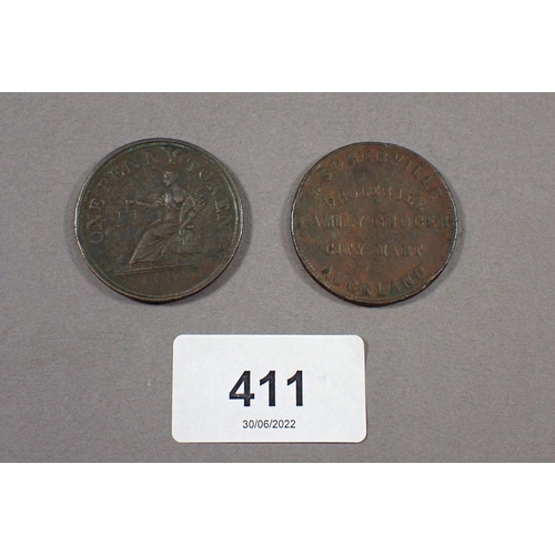 411 - Two penny tokens including: New Zealand 1857 Auckland for M Somerville wholesale family grocer, Cana... 