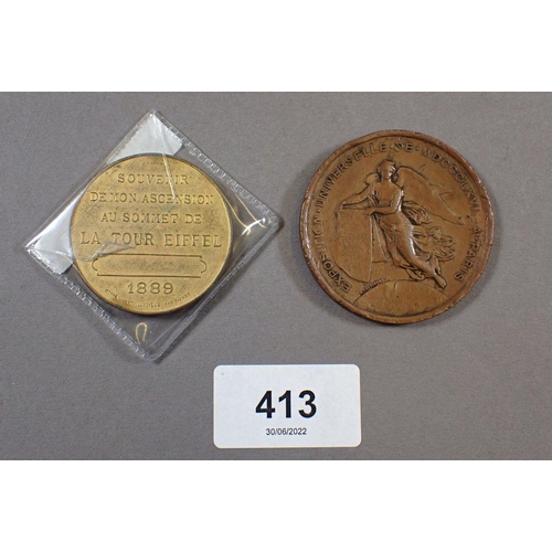 413 - Two Paris medallions including: Expo medal 1867 Napoleon III bust, Eiffel Tower opening tour medal 1... 