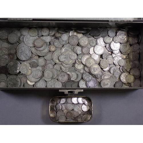 426 - A metal strong box with key containing quantity of silver content coinage: pre 1920 silver threepenc... 