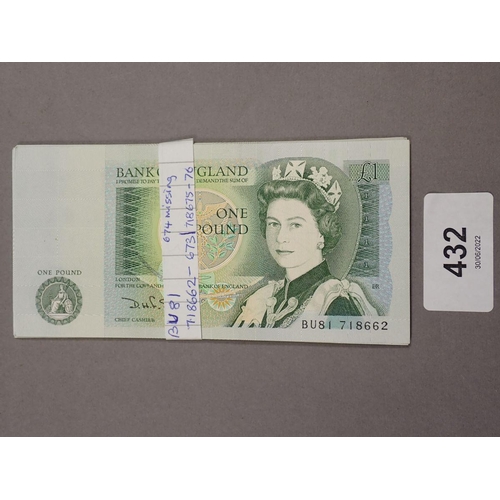 432 - Wad of Bank of England green £1 notes all D H F Somerset 1980-1988 many in sequence prefix: BU81 718... 