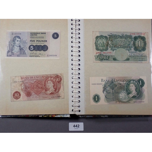 442 - An album containing: seven banknotes including: 3 off green £1 notes: (a) P S Beale 1949-55 prefix J... 