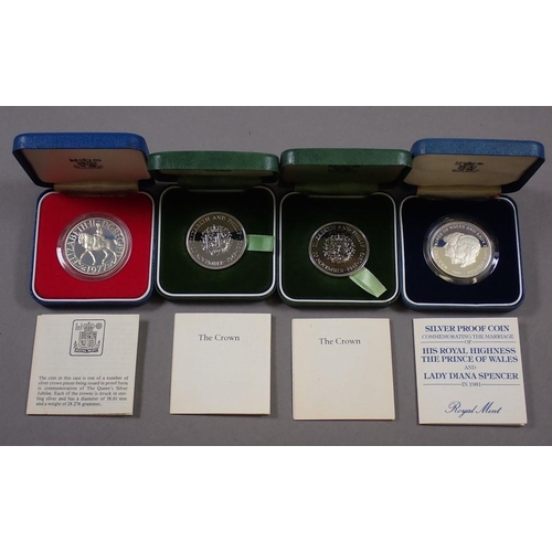 448 - Royal Mint Issues (6 off) silver commemoratives including: crowns Silver Wedding 1972 2 off, Queen M... 