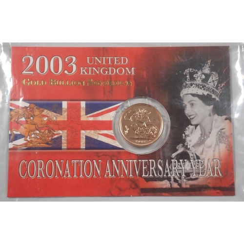 486 - A gold bullion sovereign 2003, Royal Mint issue in presentation card Queens Coronation anniversary y... 