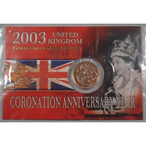 488 - A gold bullion sovereign 2003, Royal Mint issue in presentation card Queens Coronation anniversary y... 