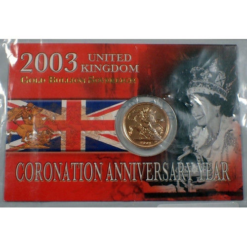 490 - A gold bullion sovereign 2003, Royal Mint issue in presentation card Queens Coronation anniversary y... 