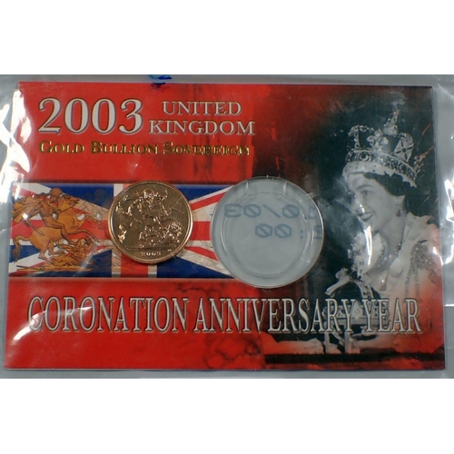 492 - A gold bullion sovereign 2003, Royal Mint issue in presentation card Queens Coronation anniversary y... 