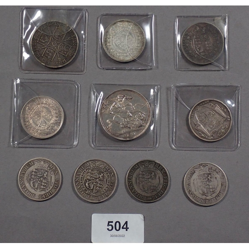 504 - A quantity of silver content coinage including: George III halfcrowns 1817 2 off, 1818 and 1819 Will... 