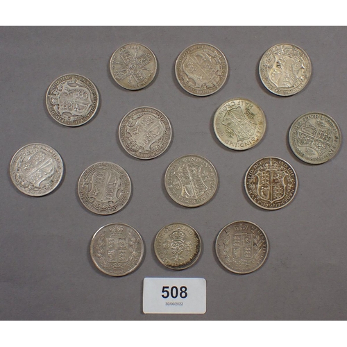 508 - A quantity of silver content coinage including: Victorian halfcrowns 1842 and 1883, Edward VII halfc... 