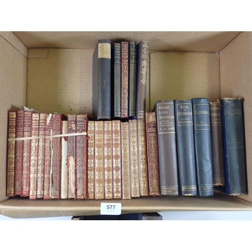 577 - A box of literary books including sets by Thackery, Kipling, McArthy, Stevenson