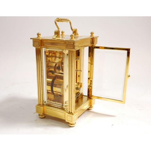 590 - A Jen Olsen brass carriage clock, glass a/f, approx 12cm high