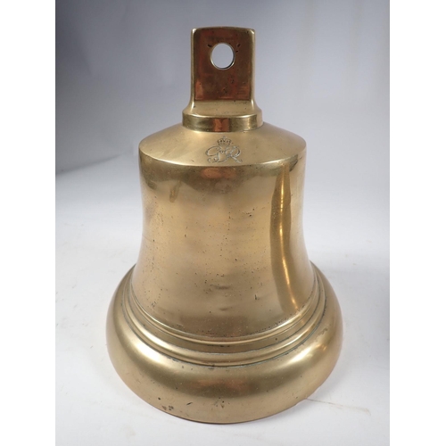 608 - Two large brass ship bells - one marked George VI, 28cm and 27cm tall