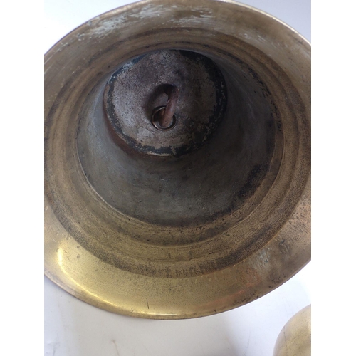 608 - Two large brass ship bells - one marked George VI, 28cm and 27cm tall