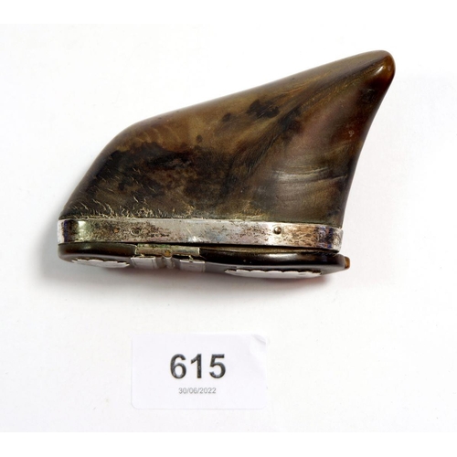 615 - A 19th century carved horn or hoof snuff box with white metal mounts, 8 x 6.4cm