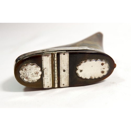 615 - A 19th century carved horn or hoof snuff box with white metal mounts, 8 x 6.4cm