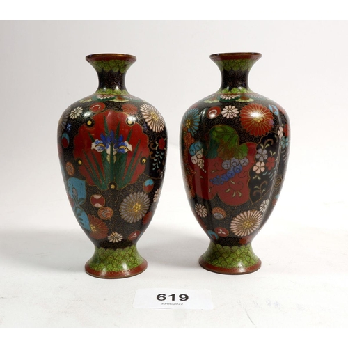 619 - A pair of Japanese Meiji period fluted cloisonne enamel small floral vases, 12cm tall