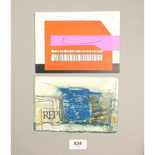 634 - Ffiona Lewis - small mixed media picture and a collage by Peter Dickinson, both unframed, 18 x 12cm ... 