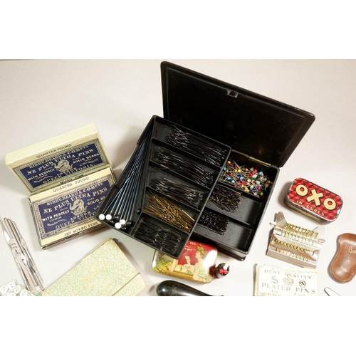 635 - A lacquer box decorated roses containing hat pins plus a quantity of needlework related items