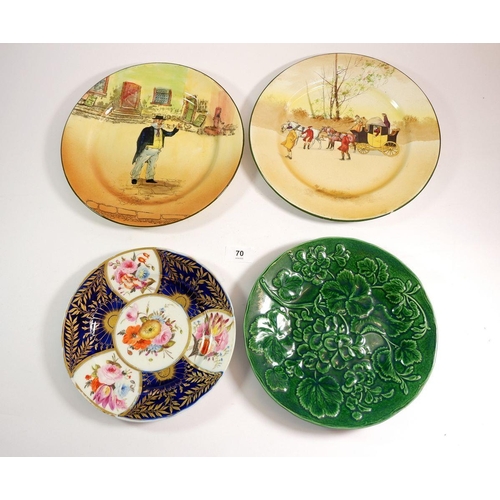 70 - Two Victorian green glazed leaf plates, two Series Ware plates, a pottery slip glazed plate and thre... 