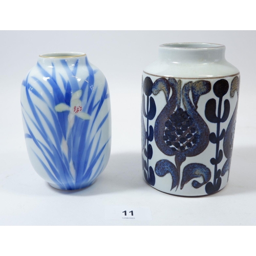 11 - A Copenhagen vase 13cm  and a Japanese vase painted Iris