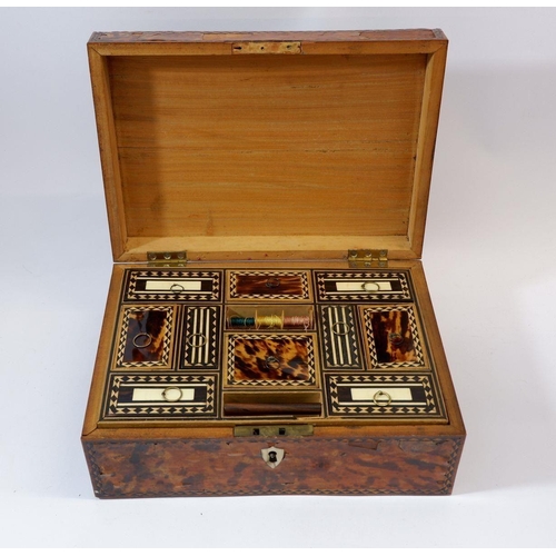 1001 - A 19th century tortoiseshell work box with tortoiseshell and ivory inlaid fitted tray (ivory certifi... 