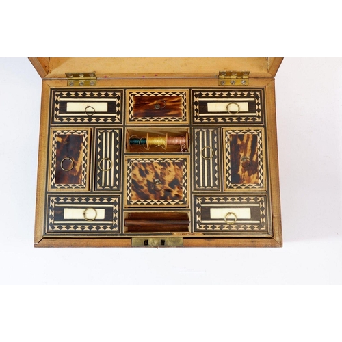 1001 - A 19th century tortoiseshell work box with tortoiseshell and ivory inlaid fitted tray (ivory certifi... 