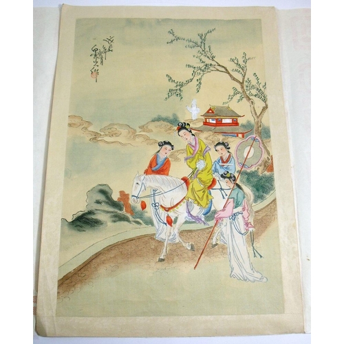 1079 - A Chinese watercolour of a lady on a horse with attendants, unframed but in original paper packaging... 