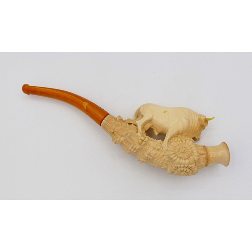 1106 - A 19th century meerchaum pipe in the form of a bull with amber mouthpiece and fitted case marked 'Ec... 