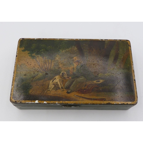 1107 - A 19th century small tin painted huntsman and dog to lid, 11.5 x 7cm