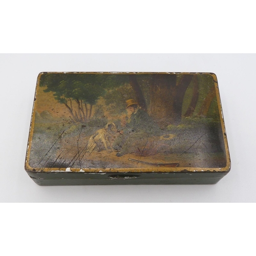 1107 - A 19th century small tin painted huntsman and dog to lid, 11.5 x 7cm