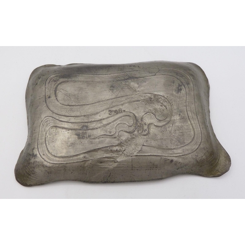 1109 - An Art Nouveau pewter pin dish cast young girl playing pipes to fish in a pool, No.2346, 15 x 10cm