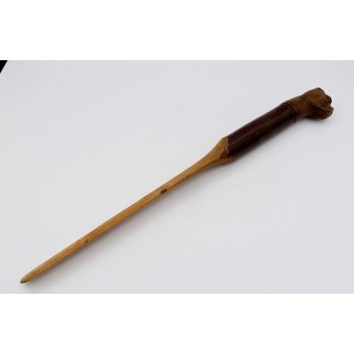 1110 - A Victorian letter opener or small paper folder with carved bull dogs head handle, 29cm long