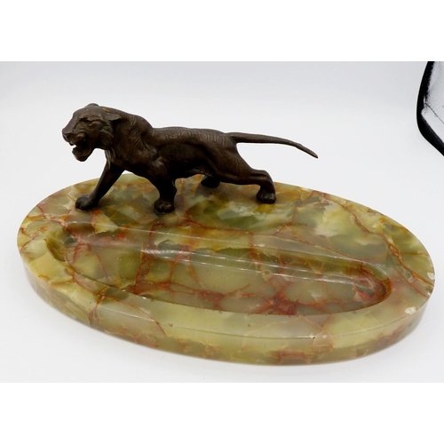 1118 - An Art Deco Asprey's green onyx desk tidy with mounted bronze figure of a tiger, 25cm wide