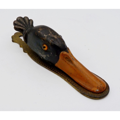 1122 - A Victorian painted brass duck head letter clip, 13 cm wide