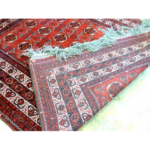 1127 - A Turkoman carpet with three rows of guls on a red ground within multiple borders, 289 x  213cm