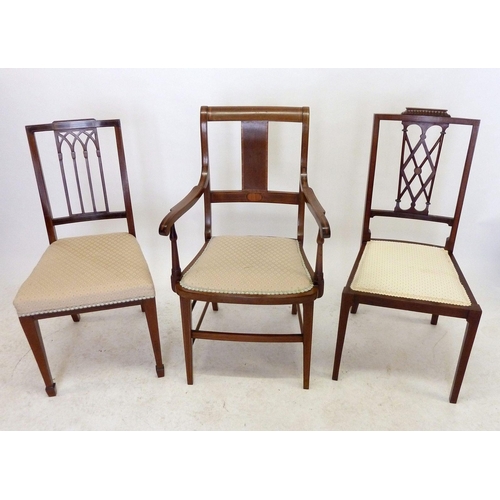 1129 - A set of six Edwardian mahogany lattice back dining chairs and a pair of Edwardian mahogany carver c... 