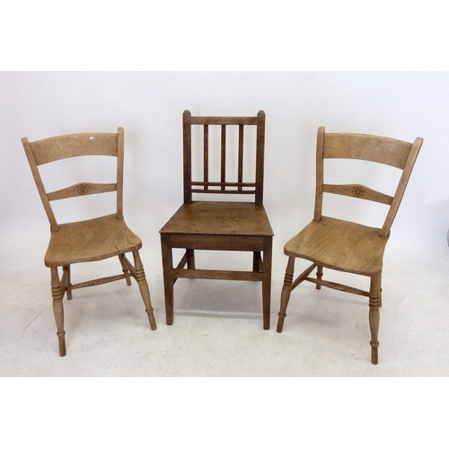 1131 - A Georgian elm slat back chair and a pair of pine farmhouse chairs stamped JD