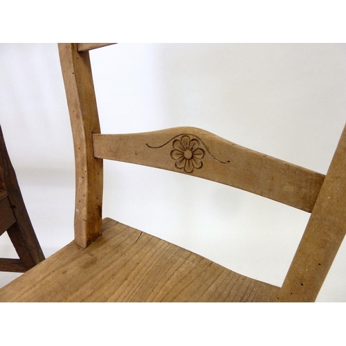 1131 - A Georgian elm slat back chair and a pair of pine farmhouse chairs stamped JD