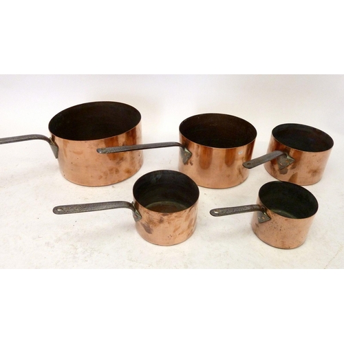 1141 - A set of five Victorian large copper saucepans, the largest 30cm diameter