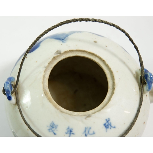 134 - A Chinese late Qing blue and white teapot with wire handles, with Cheng Hua Nian Zhi mark to base, 1... 