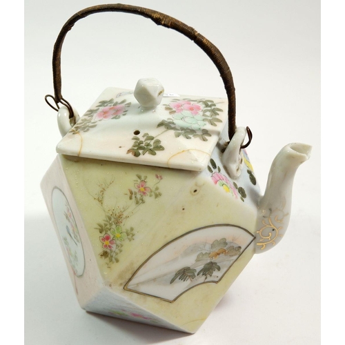 136 - A Japanese faceted teapot painted reserves of birds, flowers and landscapes with bamboo handle