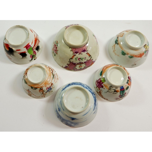 145 - A group of five 18th century Chinese polychrome tea bowls and a blue and white one