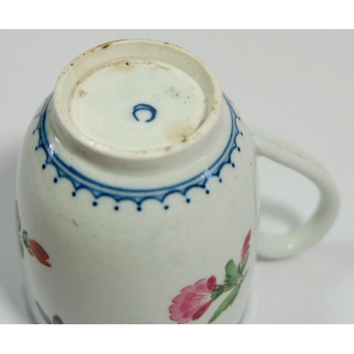 150 - An 18th century Worcester porcelain coffee cup painted flowers with crescent mark to base, two chips