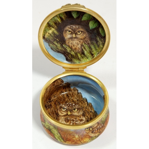 153 - A Moorcroft enamel circular box painted owls limited edition, 49/50, 5.5cm diameter