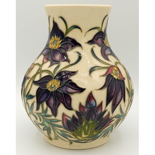 157 - A Moorcroft vase by Philip Gibson, trial piece with purple flowers, 16cm, 1999