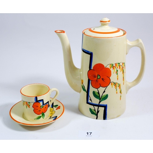 17 - A Wilkinson's Art Deco Honey Glaze coffee set decorated in the style of Clarice Cliff with orange fl... 