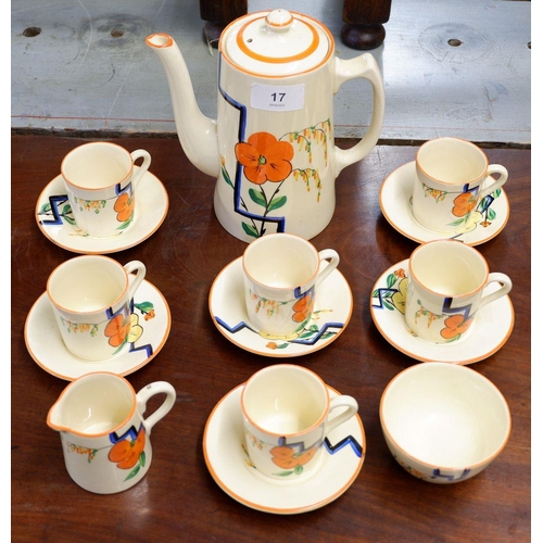 17 - A Wilkinson's Art Deco Honey Glaze coffee set decorated in the style of Clarice Cliff with orange fl... 