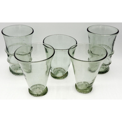 172 - A group of three flared glass tumblers and two trailed glass tumblers by George  Elliott made after ... 